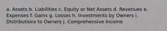 a. Assets b. Liabilities c. Equity or Net Assets d. Revenues e. Expenses f. Gains g. Losses h. Investments by Owners i. Distributions to Owners j. Comprehensive Income