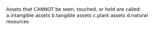 Assets that CANNOT be seen, touched, or held are called: a.intangible assets b.tangible assets c.plant assets d.natural resources