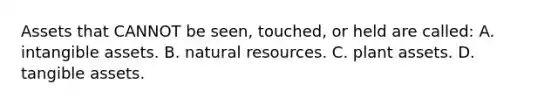 Assets that CANNOT be seen, touched, or held are called: A. <a href='https://www.questionai.com/knowledge/kfaeAOzavC-intangible-assets' class='anchor-knowledge'>intangible assets</a>. B. <a href='https://www.questionai.com/knowledge/k6l1d2KrZr-natural-resources' class='anchor-knowledge'>natural resources</a>. C. plant assets. D. tangible assets.