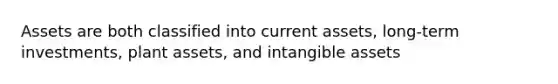 Assets are both classified into current assets, long-term investments, plant assets, and intangible assets