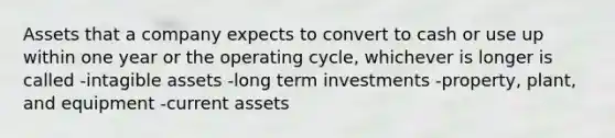 Assets that a company expects to convert to cash or use up within one year or the operating cycle, whichever is longer is called -intagible assets -long term investments -property, plant, and equipment -current assets