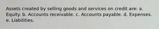 Assets created by selling goods and services on credit are: a. Equity. b. Accounts receivable. c. Accounts payable. d. Expenses. e. Liabilities.