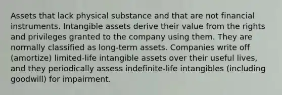 Assets that lack physical substance and that are not financial instruments. Intangible assets derive their value from the rights and privileges granted to the company using them. They are normally classified as long-term assets. Companies write off (amortize) limited-life intangible assets over their useful lives, and they periodically assess indefinite-life intangibles (including goodwill) for impairment.