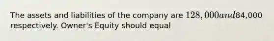 The assets and liabilities of the company are 128,000 and84,000 respectively. Owner's Equity should equal