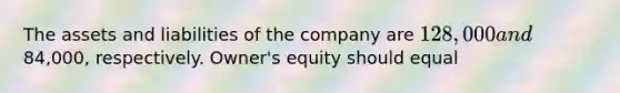 The assets and liabilities of the company are 128,000 and84,000, respectively. Owner's equity should equal