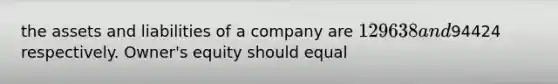 the assets and liabilities of a company are 129638 and94424 respectively. Owner's equity should equal