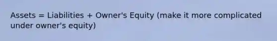 Assets = Liabilities + Owner's Equity (make it more complicated under owner's equity)