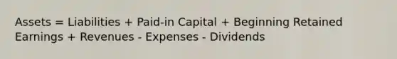 Assets = Liabilities + Paid-in Capital + Beginning Retained Earnings + Revenues - Expenses - Dividends