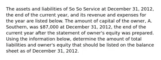 The assets and liabilities of So So Service at December 31, 2012, the end of the current year, and its revenue and expenses for the year are listed below. The amount of capital of the owner, A. Southern, was 87,000 at December 31, 2012, the end of the current year after the statement of owner's equity was prepared. Using the information below, determine the amount of total liabilities and owner's equity that should be listed on the balance sheet as of December 31, 2012.