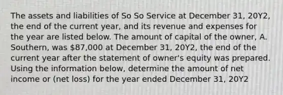 The assets and liabilities of So So Service at December 31, 20Y2, the end of the current year, and its revenue and expenses for the year are listed below. The amount of capital of the owner, A. Southern, was 87,000 at December 31, 20Y2, the end of the current year after the statement of owner's equity was prepared. Using the information below, determine the amount of net income or (net loss) for the year ended December 31, 20Y2