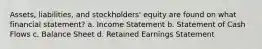 Assets, liabilities, and stockholders' equity are found on what financial statement? a. Income Statement b. Statement of Cash Flows c. Balance Sheet d. Retained Earnings Statement