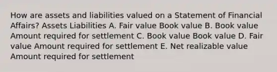 How are assets and liabilities valued on a Statement of Financial Affairs? Assets Liabilities A. Fair value Book value B. Book value Amount required for settlement C. Book value Book value D. Fair value Amount required for settlement E. Net realizable value Amount required for settlement