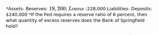 *Assets- Reserves: 19,200; Loans:228,000 Liabilities- Deposits: 240,000 *If the Fed requires a reserve ratio of 6 percent, then what quantity of excess reserves does the Bank of Springfield hold?