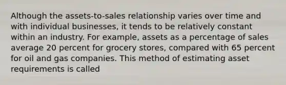 Although the assets-to-sales relationship varies over time and with individual businesses, it tends to be relatively constant within an industry. For example, assets as a percentage of sales average 20 percent for grocery stores, compared with 65 percent for oil and gas companies. This method of estimating asset requirements is called