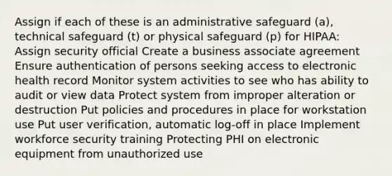 Assign if each of these is an administrative safeguard (a), technical safeguard (t) or physical safeguard (p) for HIPAA: Assign security official Create a business associate agreement Ensure authentication of persons seeking access to electronic health record Monitor system activities to see who has ability to audit or view data Protect system from improper alteration or destruction Put policies and procedures in place for workstation use Put user verification, automatic log-off in place Implement workforce security training Protecting PHI on electronic equipment from unauthorized use