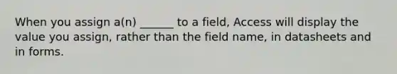 When you assign a(n) ______ to a field, Access will display the value you assign, rather than the field name, in datasheets and in forms.