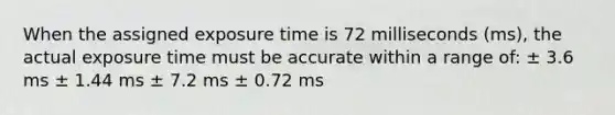 When the assigned exposure time is 72 milliseconds (ms), the actual exposure time must be accurate within a range of: ± 3.6 ms ± 1.44 ms ± 7.2 ms ± 0.72 ms