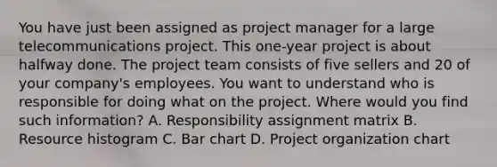 You have just been assigned as project manager for a large telecommunications project. This one-year project is about halfway done. The project team consists of five sellers and 20 of your company's employees. You want to understand who is responsible for doing what on the project. Where would you find such information? A. Responsibility assignment matrix B. Resource histogram C. Bar chart D. Project organization chart