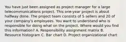 You have just been assigned as project manager for a large telecommunications project. This one-year project is about halfway done. The project team consists of S sellers and 20 of your company's employees. You want to understand who is responsible for doing what on the project. Where would you find this information? A. Responsibility assignment matrix B. Resource histogram C. Bar chart D. Project organizational chart