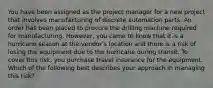 You have been assigned as the project manager for a new project that involves manufacturing of discrete automation parts. An order has been placed to procure the drilling machine required for manufacturing. However, you came to know that it is a hurricane season at the vendor's location and there is a risk of losing the equipment due to the hurricane during transit. To cover this risk, you purchase travel insurance for the equipment. Which of the following best describes your approach in managing this risk?