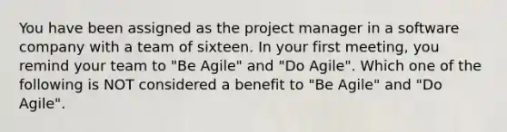 You have been assigned as the project manager in a software company with a team of sixteen. In your first meeting, you remind your team to "Be Agile" and "Do Agile". Which one of the following is NOT considered a benefit to "Be Agile" and "Do Agile".