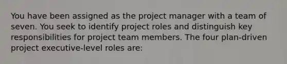 You have been assigned as the project manager with a team of seven. You seek to identify project roles and distinguish key responsibilities for project team members. The four plan-driven project executive-level roles are: