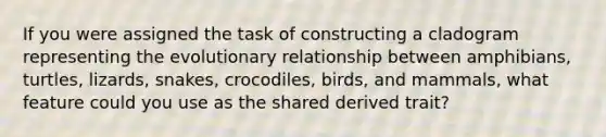 If you were assigned the task of constructing a cladogram representing the evolutionary relationship between amphibians, turtles, lizards, snakes, crocodiles, birds, and mammals, what feature could you use as the shared derived trait?