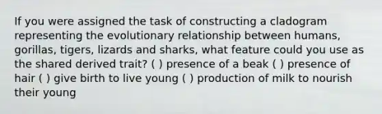 If you were assigned the task of constructing a cladogram representing the evolutionary relationship between humans, gorillas, tigers, lizards and sharks, what feature could you use as the shared derived trait? ( ) presence of a beak ( ) presence of hair ( ) give birth to live young ( ) production of milk to nourish their young