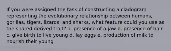 If you were assigned the task of constructing a cladogram representing the evolutionary relationship between humans, gorillas, tigers, lizards, and sharks, what feature could you use as the shared derived trait? a. presence of a jaw b. presence of hair c. give birth to live young d. lay eggs e. production of milk to nourish their young