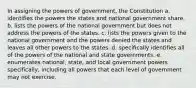 In assigning the powers of government, the Constitution a. identifies the powers the states and national government share. b. lists the powers of the national government but does not address the powers of the states. c. lists the powers given to the national government and the powers denied the states and leaves all other powers to the states. d. specifically identifies all of the powers of the national and state governments. e. enumerates national, state, and local government powers specifically, including all powers that each level of government may not exercise.