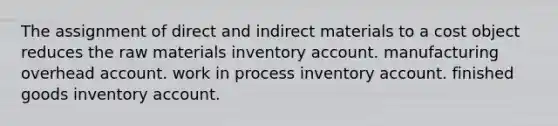 The assignment of direct and indirect materials to a cost object reduces the raw materials inventory account. manufacturing overhead account. work in process inventory account. finished goods inventory account.