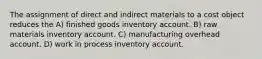 The assignment of direct and indirect materials to a cost object reduces the A) finished goods inventory account. B) raw materials inventory account. C) manufacturing overhead account. D) work in process inventory account.