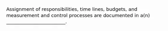 Assignment of responsibilities, time lines, budgets, and measurement and control processes are documented in a(n) _________________________.