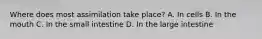 Where does most assimilation take place? A. In cells B. In the mouth C. In the small intestine D. In the large intestine
