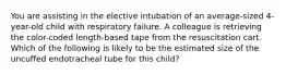 You are assisting in the elective intubation of an average-sized 4-year-old child with respiratory failure. A colleague is retrieving the color-coded length-based tape from the resuscitation cart. Which of the following is likely to be the estimated size of the uncuffed endotracheal tube for this child?