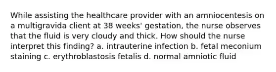 While assisting the healthcare provider with an amniocentesis on a multigravida client at 38 weeks' gestation, the nurse observes that the fluid is very cloudy and thick. How should the nurse interpret this finding? a. intrauterine infection b. fetal meconium staining c. erythroblastosis fetalis d. normal amniotic fluid