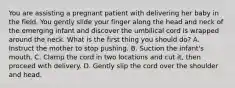 You are assisting a pregnant patient with delivering her baby in the field. You gently slide your finger along the head and neck of the emerging infant and discover the umbilical cord is wrapped around the neck. What is the first thing you should​ do? A. Instruct the mother to stop pushing. B. Suction the​ infant's mouth. C. Clamp the cord in two locations and cut​ it, then proceed with delivery. D. Gently slip the cord over the shoulder and head.