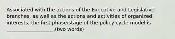 Associated with the actions of the Executive and Legislative branches, as well as the actions and activities of organized interests, the first phase/stage of the policy cycle model is ___________________.(two words)