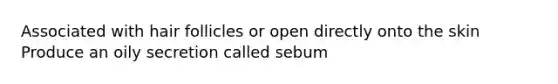 Associated with hair follicles or open directly onto the skin Produce an oily secretion called sebum