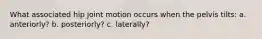 What associated hip joint motion occurs when the pelvis tilts: a. anteriorly? b. posteriorly? c. laterally?