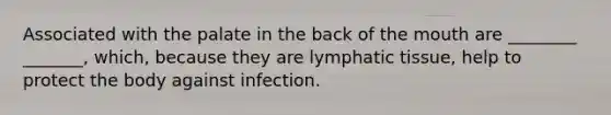 Associated with the palate in the back of <a href='https://www.questionai.com/knowledge/krBoWYDU6j-the-mouth' class='anchor-knowledge'>the mouth</a> are ________ _______, which, because they are lymphatic tissue, help to protect the body against infection.