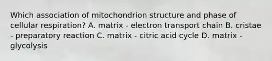 Which association of mitochondrion structure and phase of <a href='https://www.questionai.com/knowledge/k1IqNYBAJw-cellular-respiration' class='anchor-knowledge'>cellular respiration</a>? A. matrix - electron transport chain B. cristae - preparatory reaction C. matrix - citric acid cycle D. matrix - glycolysis