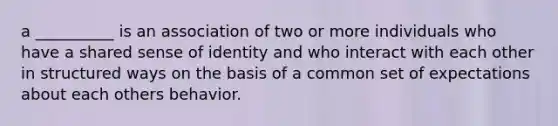 a __________ is an association of two or more individuals who have a shared sense of identity and who interact with each other in structured ways on the basis of a common set of expectations about each others behavior.