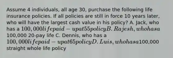 Assume 4 individuals, all age 30, purchase the following life insurance policies. If all policies are still in force 10 years later, who will have the largest cash value in his policy? A. Jack, who has a 100,000 life paid-up at 55 policy B. Rajesh, who has a100,000 20-pay life C. Dennis, who has a 100,000 life paid-up at 65 policy D. Luis, who has a100,000 straight whole life policy