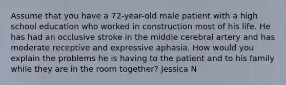 Assume that you have a 72-year-old male patient with a high school education who worked in construction most of his life. He has had an occlusive stroke in the middle cerebral artery and has moderate receptive and expressive aphasia. How would you explain the problems he is having to the patient and to his family while they are in the room together? Jessica N