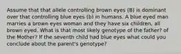 Assume that that allele controlling brown eyes (B) is dominant over that controlling blue eyes (b) in humans. A blue eyed man marries a brown eyes woman and they have six children, all brown eyed. What is that most likely genotype of the father? of the Mother? If the seventh child had blue eyes what could you conclude about the parent's genotype?