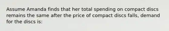 Assume Amanda finds that her total spending on compact discs remains the same after the price of compact discs falls, demand for the discs is: