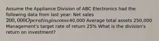 Assume the Appliance Division of ABC Electronics had the following data from last year: Net sales 200,000 Operating income40,000 Average total assets 250,000 Management's target rate of return 25% What is the division's return on investment?