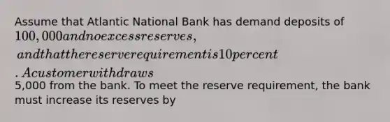 Assume that Atlantic National Bank has demand deposits of 100,000 and no excess reserves, and that the reserve requirement is 10 percent. A customer withdraws5,000 from the bank. To meet the reserve requirement, the bank must increase its reserves by