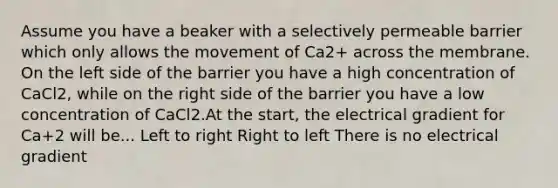 Assume you have a beaker with a selectively permeable barrier which only allows the movement of Ca2+ across the membrane. On the left side of the barrier you have a high concentration of CaCl2, while on the right side of the barrier you have a low concentration of CaCl2.At the start, the electrical gradient for Ca+2 will be... Left to right Right to left There is no electrical gradient